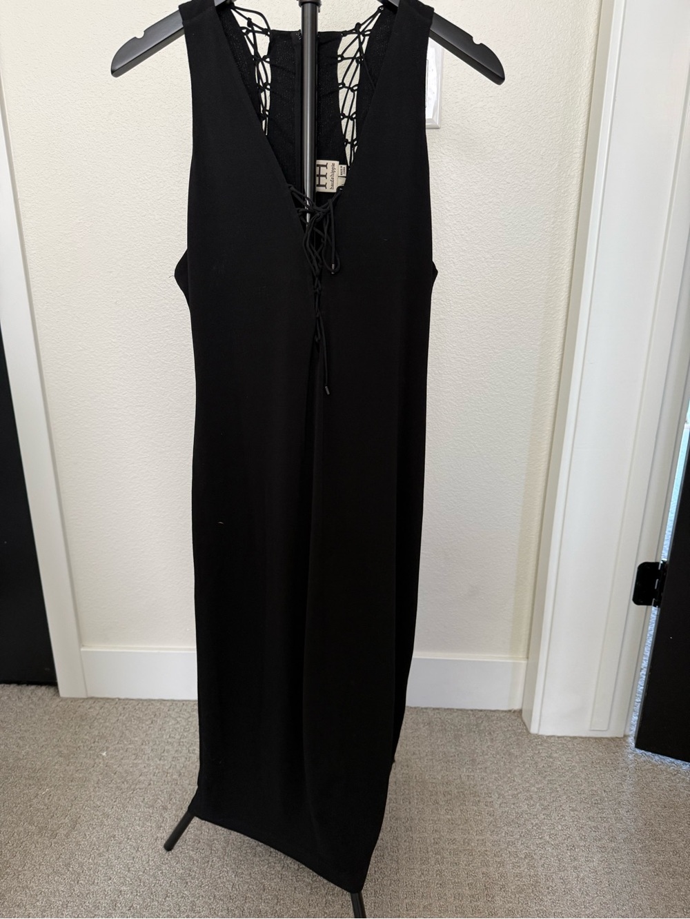 Haute Hippie Black Lace-Up V-Neck Maxi Dress